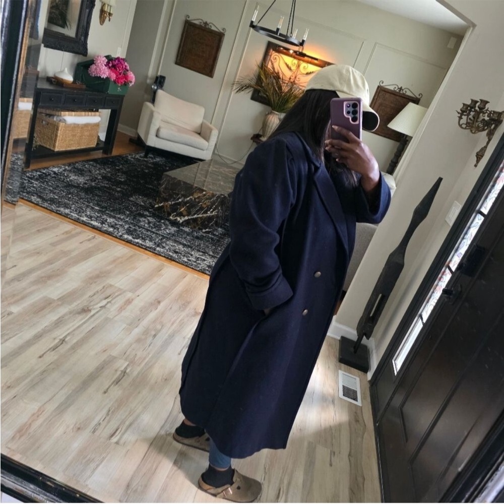 Vtg Deep Navy Blue Bronze Button Wool Blend Trench Coat Lined Double Breast